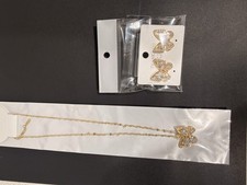 Gold Tone Butterfly Necklace Earrings Set CZ Crystal Fashion Jewelry Gift Set