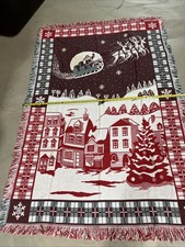 Christmas Santa Sleigh Reindeer House Throw Blanket Red White Fringe 46x70  