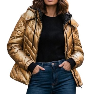 GUESS Metallic Gold Hooded Puffer Jacket - Size Medium NWT