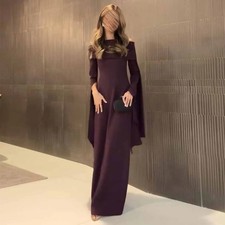 Elegant Burgundy Column Evening Gown -Off-the-Shoulder Long Sleeves Customizable