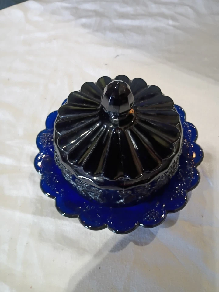 Vintage Cobalt Blue Grape Cable Round Covered Butter Dish Perfect Condition 7" - Image 4 of 4