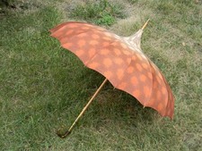 Vintage Red Fade Spotted Parasol with Clear Amber Lucite Handle  Brass Accents