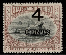 NORTH BORNEO EDVII SG148, 4c on 8c, FINE USED. Cat &pound;30.