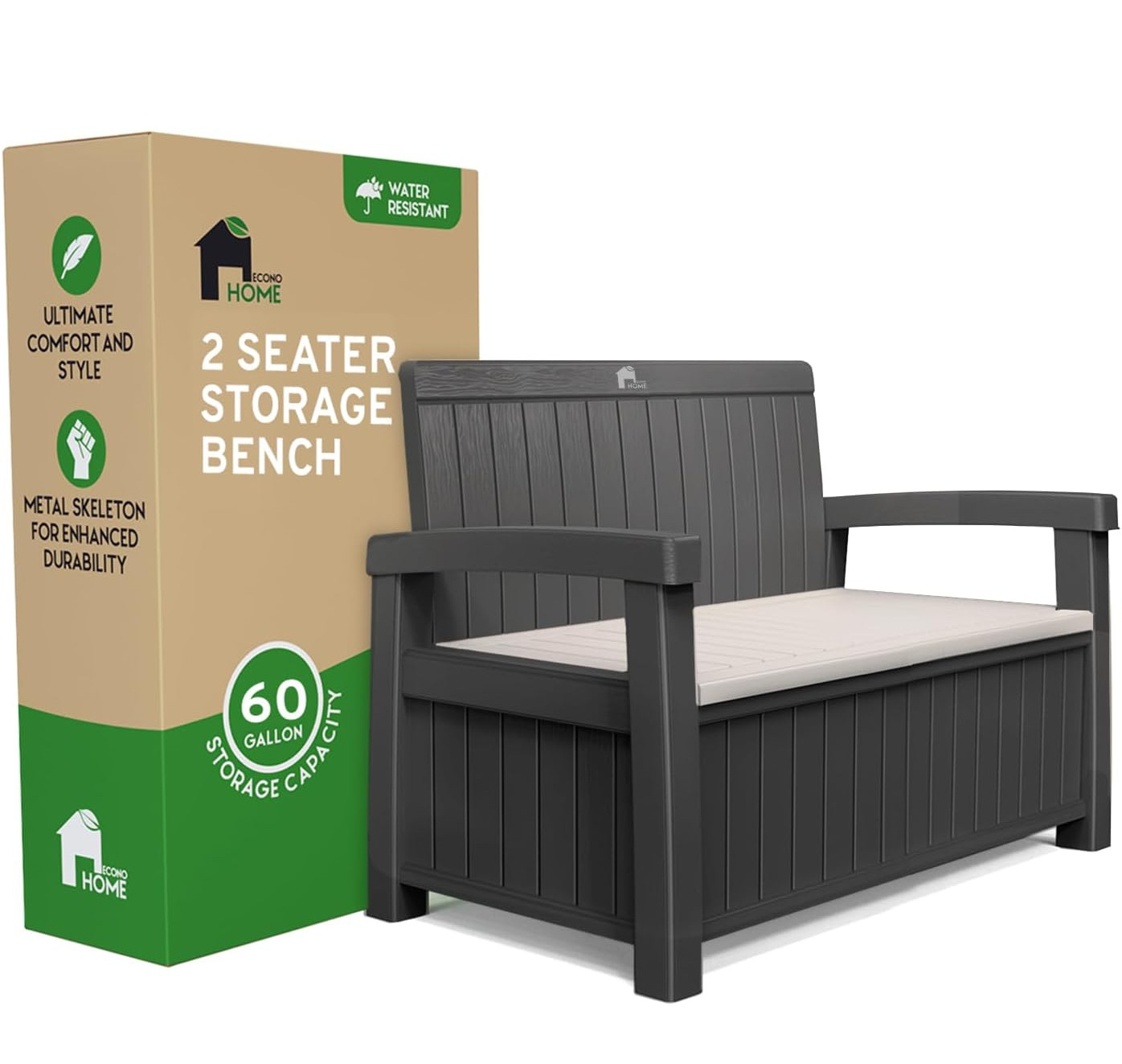 2 Seat Outdoor Storage Bench  - 60 Gallon Capacity - Weatherproof