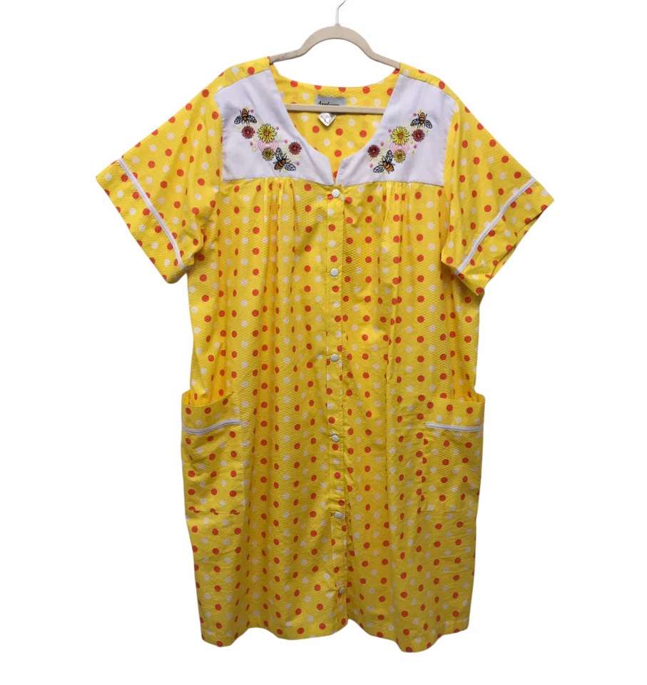 VTG Anthony Richards Embroidered Bumblebee House Dress Muumuu Yellow Dot Sz 2X - Image 2 of 4