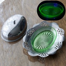 UV Reactive Uranium Glass Silver Plated Metal Lidded Butter Dish