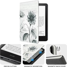 CoBak Stand Case for 7" Kindle Paperwhite 12th Gen 2024 Black  White Flowers