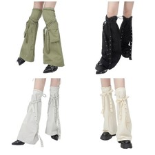 Punk Leg Warmer Eyelets Strap Pockets Harajuku Drawstring Over Knee Flared Socks