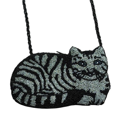 Beaded evening bag cat fancier novelty shoulder bag black silver kitty purse - Picture 2 of 9