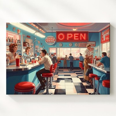 Wall Art Retro Diner Scene Canvas1950S Americana With Neon ''Open'' Sign