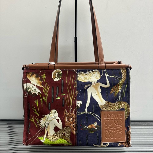 AUTH Loewe Mermaid Print Canvas Brown Leather Trim Top Handle Tote Bag