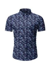 camicia maglia stretta uomo maniche corte slim blu fiori bicolor S050
