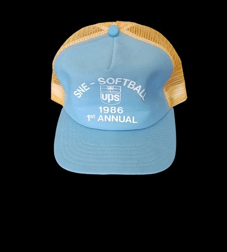 Vintage 1986 UPS Cap Hat Mesh SNE-SOFTBALL 1st Annual Snapback Blue Yellow - Picture 3 of 9