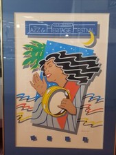 NEW ORLEANS JAZZ & HERITAGE FEST POSTER 1983 FRAMED SIGNED HUGH RICKS 7830/12500