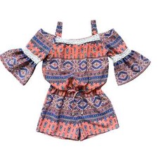 Sequin Hearts Bright Colorful 3/4 Sleeve Blue Coral Shorts Romper Open Shoulder