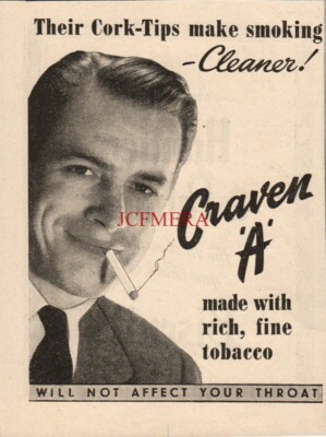 Craven A Cigarettes ''Won't Affect Your Throat'' 1949 ANZEIGE Kleingedruckte Anzeige 683/60