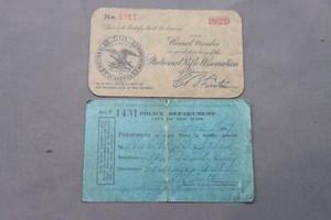 1917 New York Police Dept Pistol Permit & 1929 NRA Annual Member Card US HISTORY