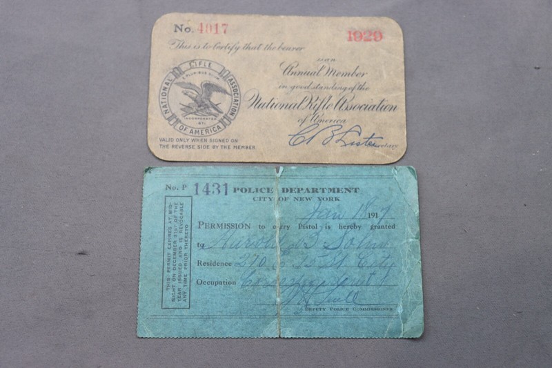 1917 New York Police Dept Pistol Permit & 1929 NRA Annual Member Card US HISTORY