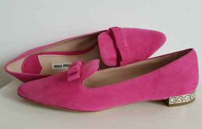 MIU MIU AMAZING PINK SUEDE BOW CRYSTAL HEEL LOAFER FLATS EU 39.5
