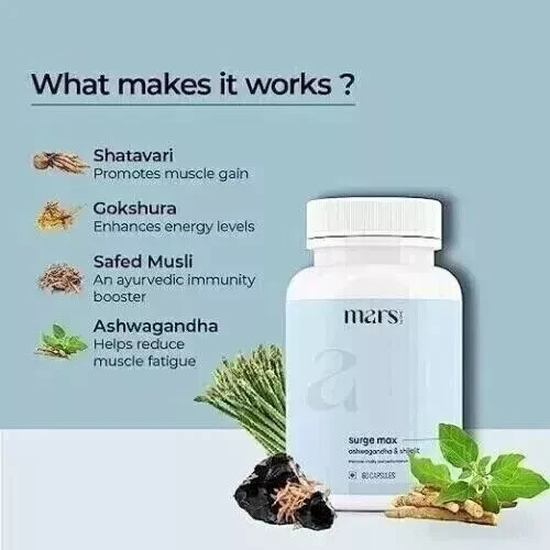 mars by GHC Surge Max, 60 Caps | Shilajit Ashwagandha, Gokshura, Safed Musli