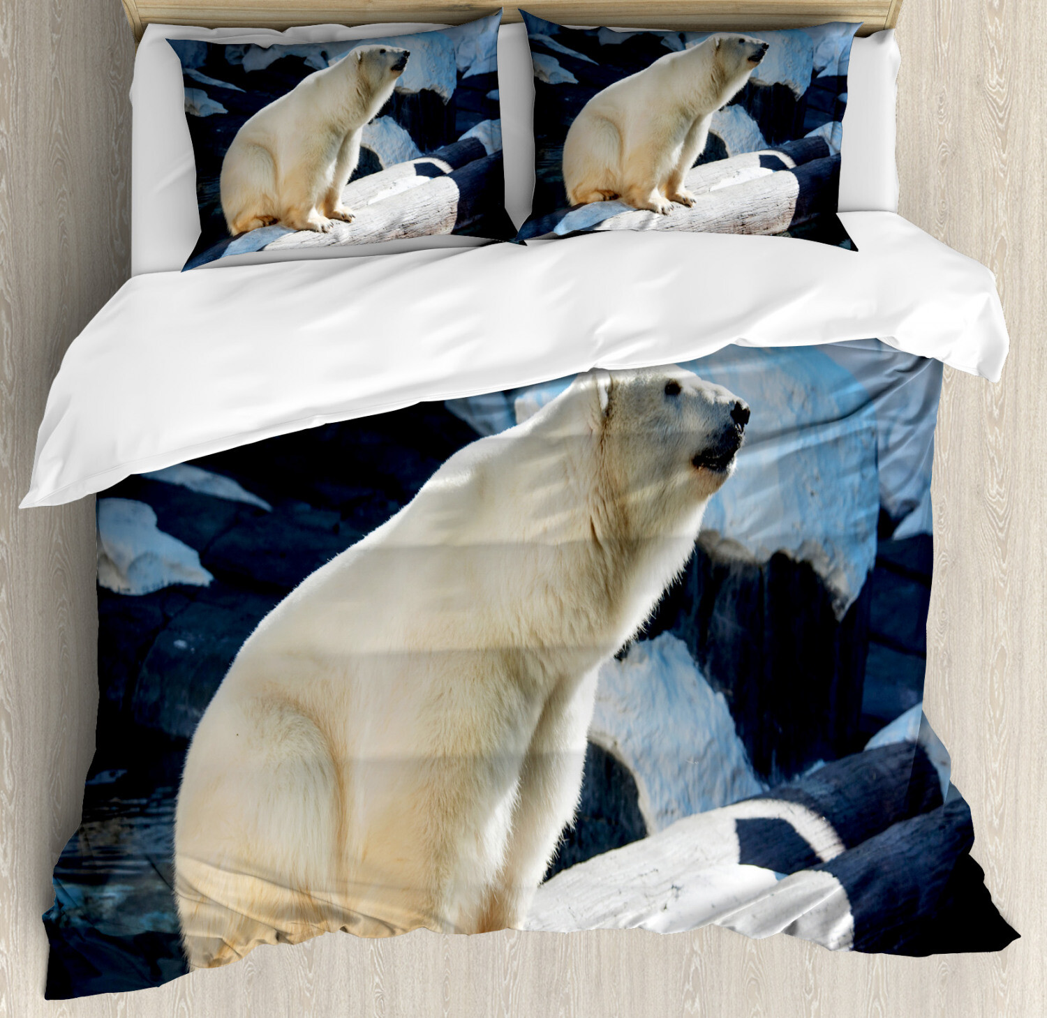 Zoo Duvet Cover Set with Pillow Shams Polar Bear in Park Rocks Print-image