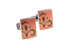 Fleur de Lis Cufflinks Orange Enamel Tile Deign Silver Trim Cuff Links Flower