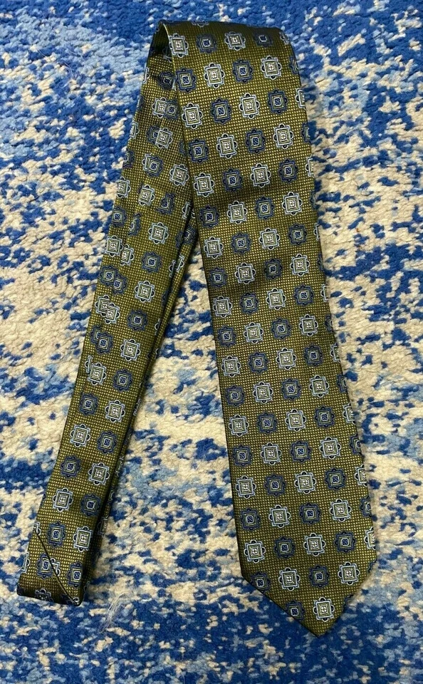 Corbata David Donahue Verde Azul Negro Plata Geométrica Italiana Seda Hecha a Mano EE. UU. Foto 2 de 4