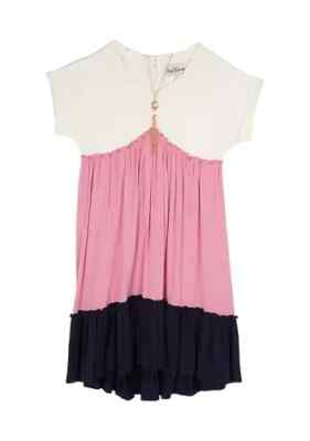 NWT Rare Editions Girls 12 Ivory Pink Navy Color Block Ruffle Dress Necklace Set