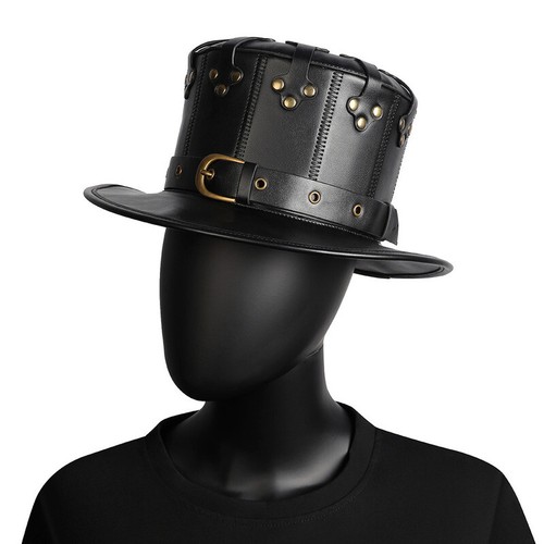 Men Women PU Leather Top Hat Punk 