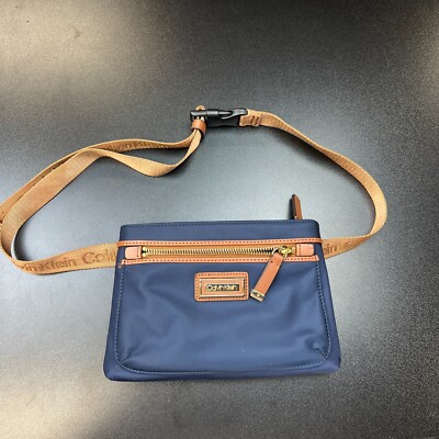 Calvin Klein Nylon Fanny Pack Belt Bag Navy Blue Tan Trim Logo Strap Waist Pack