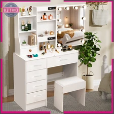 Vanity Set Stool Lighted Mirror 10 LED Bulbs Makeup Dressing Table Dresser Desk 