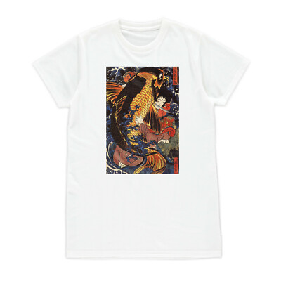 Japanisches Ukiyo-e T-Shirt Holzschnitt Kunst Koi Karpfen Samurai Welle Damen Herren Tee Geschenk