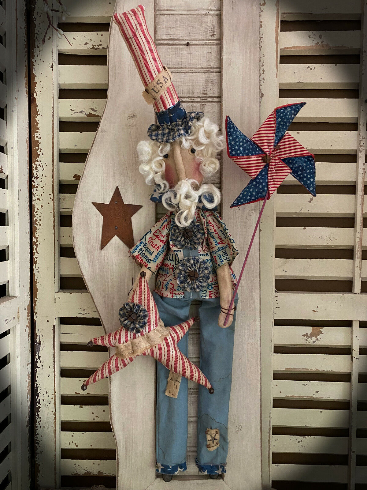 FoLk Art PrimiTive Americana Patriotic UNCLE SAM Star Wool Pin PINWHEEL usa DOLL