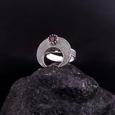 Sterling Silver Crescent Ring with Intricate Filigree and Red Gemstone Accent