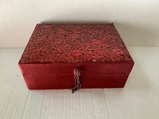 Art Deco Style Hollywood Glam Red Satin & Sequin Jewelry Box Case Made in India