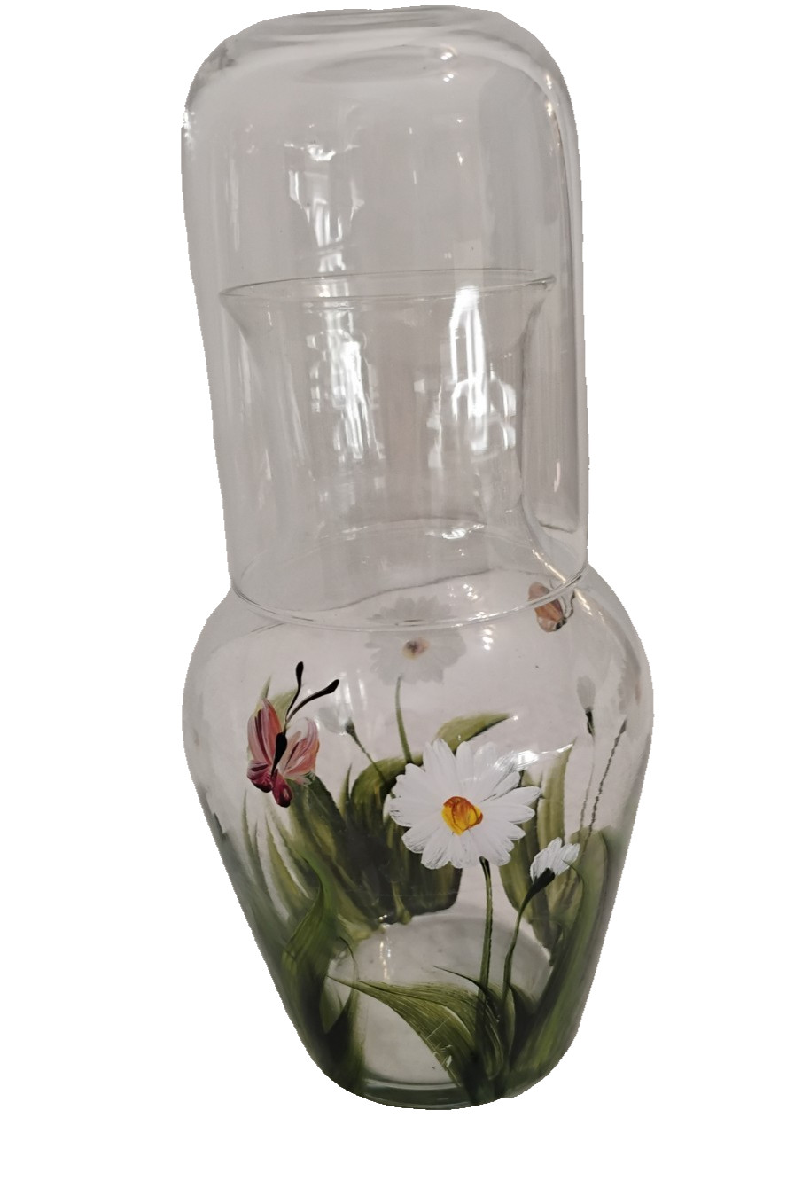 Vintage Handpainted Flowers and Butterflies Tumble-up Bedside Carafe