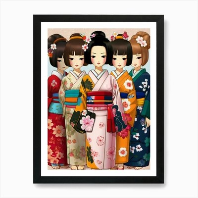 Asian Girls In Kimono Art Print Framed Wall Art Poster Canvas Print Picture