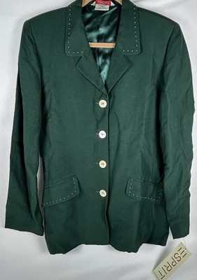 NWT Vtg Esprit Dark Green Linen Blend Blazer Jacket Sz L Pockets Button Up Lined
