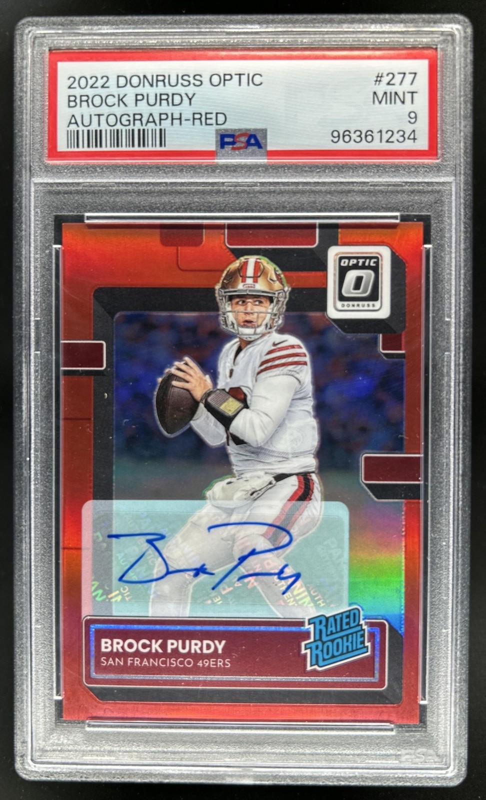 2022 Panini Donruss Optic Brock Purdy Rated Rookie Auto Red RC #/75 49ers PSA 9