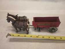 Vintage Metal And PlasticHorse Drawn Wagon Display 2 horses Missing Wheel
