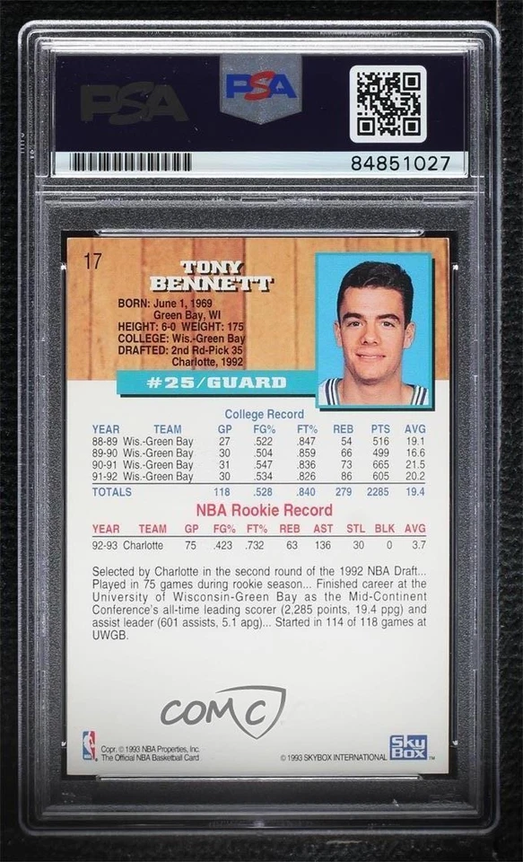 PSA/DNA 1993-94 NBA Hoops Tony Bennett #17 Certified Authentic Auto - Image 2 of 2