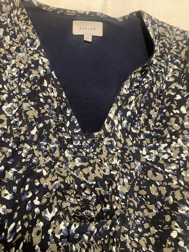 Jigsaw Navy Khaki Patterned Short Sleeve Stretchy Fully Lined Summer Dress UK XS - Picture 11 of 16