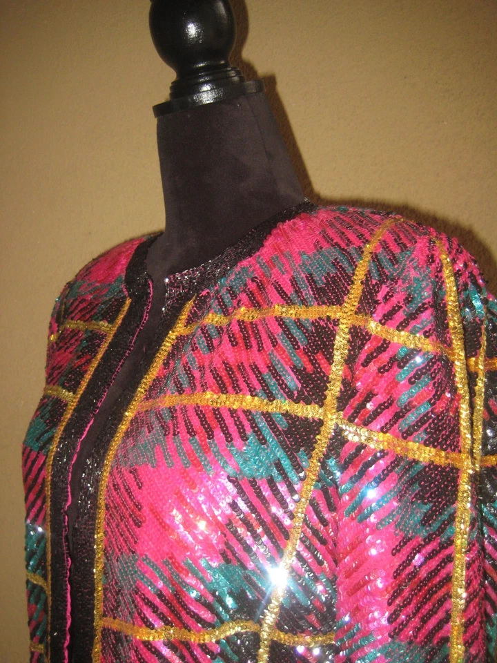 Chaqueta de noche vintage Niteline Della Roufogali seda multicolor forrada con lentejuelas M Foto 4 de 4