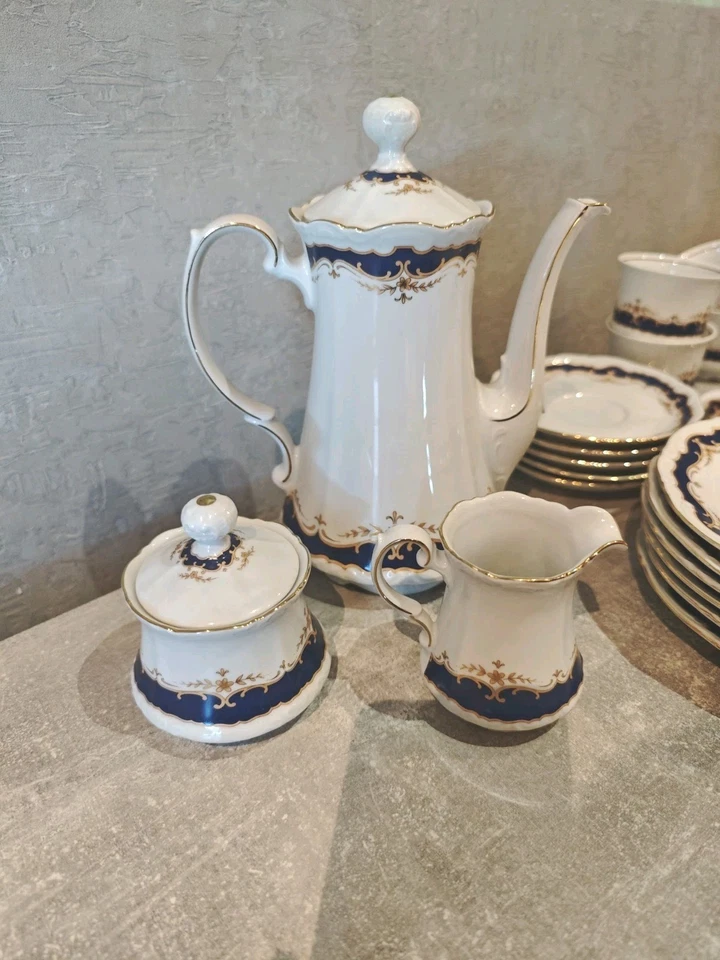 Mitterteich Bavaria Kaffeeservice blau gold 6 Personen Porzellan Kanne Set - Bild 2 von 4