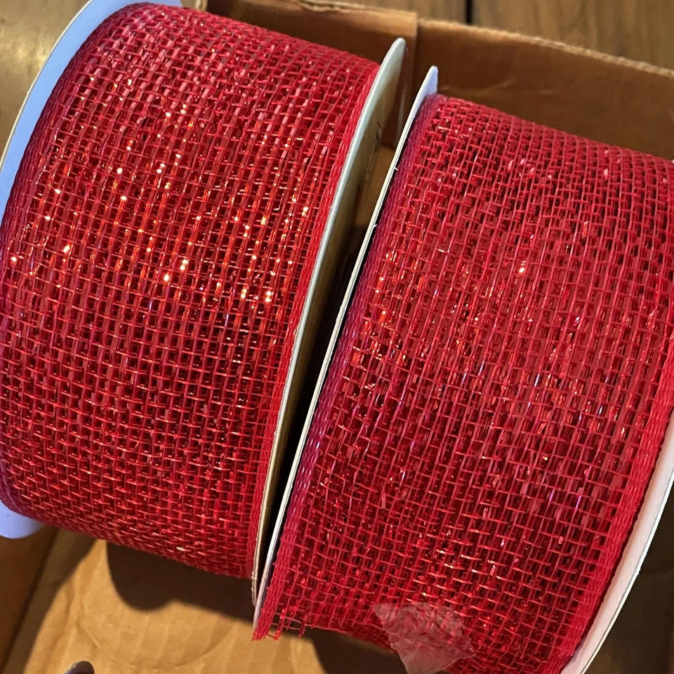 Christmas Craft Ribbon Lot 2.5 Inch Wired Red White Polka Dot Mesh Glitter - Image 4 of 4