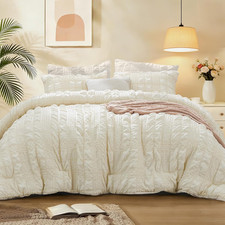 Queen Comforter Set, Seersucker Bedding Set 3 Pieces, Cream  All Season Use, Ma