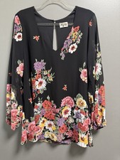 Show Me Your Mumu Black Floral V Neck Long Sleeve Donna Michelle Tunic Large