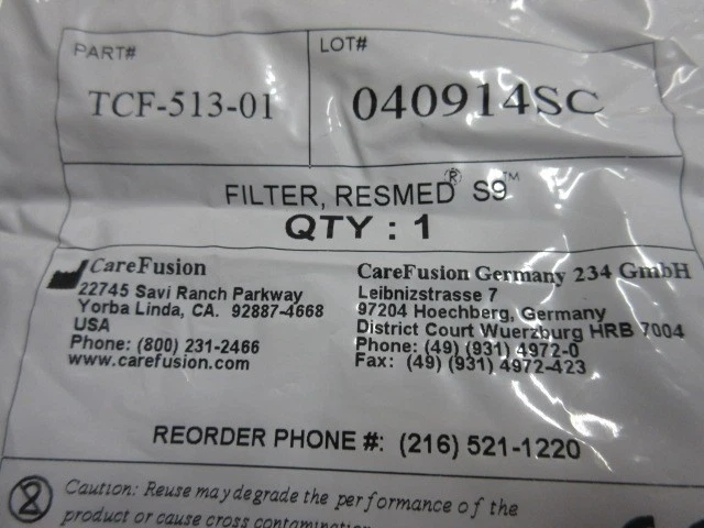 Filtro 7 CARE FUSION Res Med S9, TCF-513-0, NUEVO en paquete sellado Foto 3 de 4