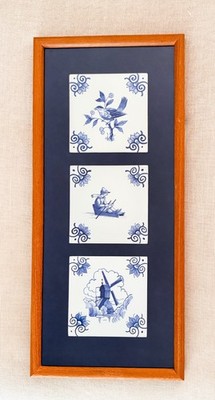 Framed Delft Style Ceramic Tile Wall Art   Bird, Windmill & Dutch Figure
