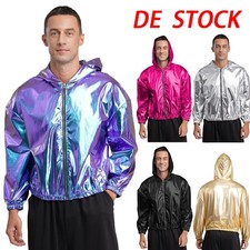 Herren Glänzende Metall-Style Kapuzenjacke Reißverschluss Jacken Oberteil Party